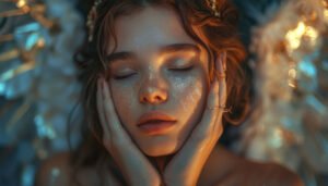 Serene girl taking care of her skin